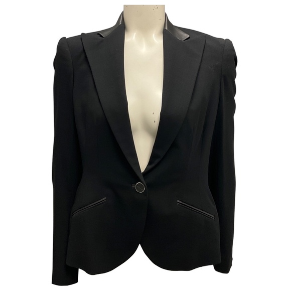 RALPH LAUREN BLACK LABEL BLACK LAMBSKIN LEATHER TRIMMED TUXEDO STYLE WOOL JACKET - Picture 1 of 5